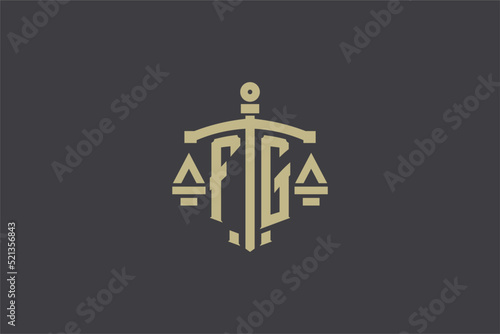 Letter FG logo for law office and attorney with creative scale and sword icon design