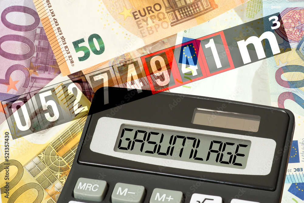 Euro Geldscheine, Gaszähler und die Gasumlage Euro Geldscheine, Gaszähler und die Gasumlage