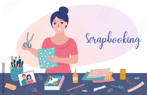 Scrapbooking banner. Woman with craft supplies. Scrapbook workshop. Handmade hobby decoration things. Girl cutting craft paper and decorating photo album book at table. Flat vector illustration
