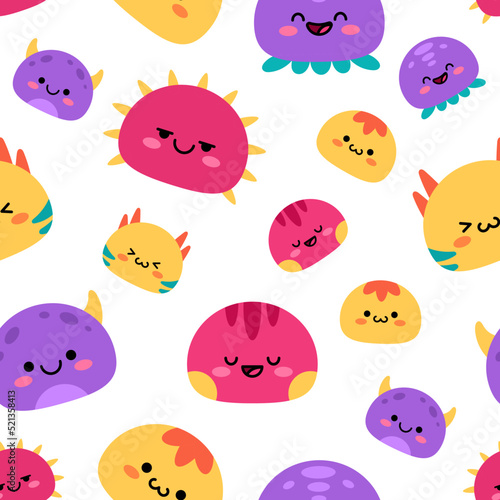 A simple pattern with cartoon kawaii monsters. Cute yellow, purple and pink characters. Children's print for fabric, packaging, wallpaper, interior. 