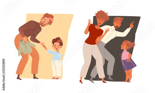 Bad and Good Relationship with Parents Yelling at Their Daughter and Dad Kindly Talking to His Little Son Vector Set