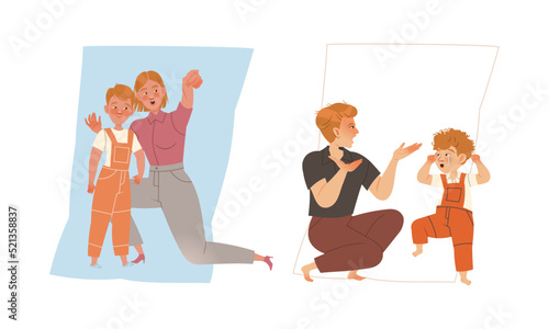 Mom Talking to Her Son and Dad Shouting at Crying Kid as Bad and Good Relationship Between Parent and Little Child Vector Set