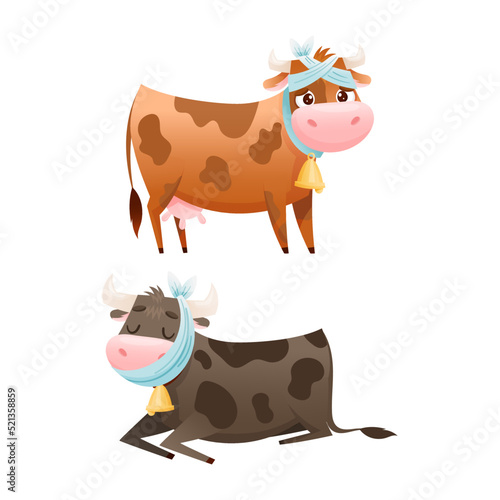 Sick Cow Animal with Bandage on Head Having Headache Vector Set