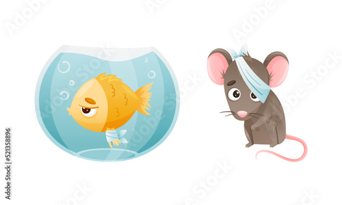 Sick Fish and Mouse Animal with Bandage on Head and Fin Swimming in Aquarium Vector Set