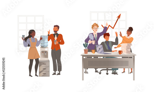 Man and Woman Colleagues in Office at Water Cooler and Celebrating Success Engaged in Daily Workflow Vector Set
