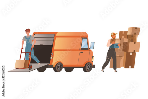 Male loaders in overalls unloading cardboard boxes from van car. Workers of moving service and cargo delivery company cartoon vector illustration
