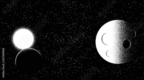 Stars and exoplanet in outer space. Futuristic landscape, with noise texture . Night landscape with starry sky .Vector illustration