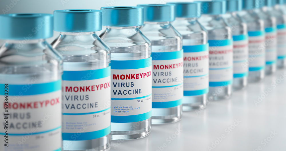 Monkeypox vaccination concept with row of vial bottles with copy space  - 3D illustration