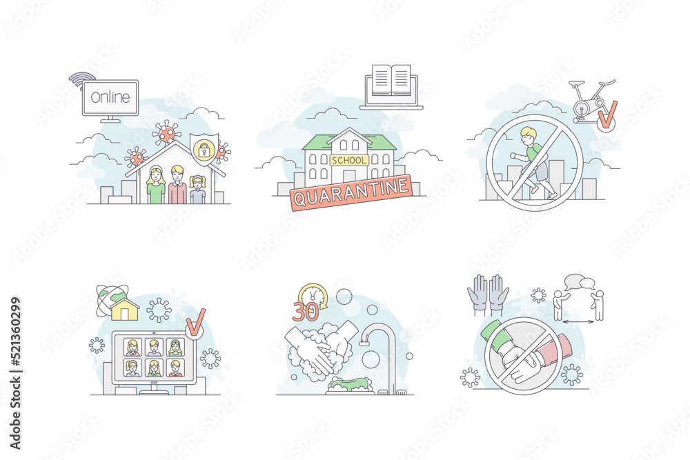 Pandemic with Hand Sanitizing and Quarantine Line Vector Set Pandemic with Hand Sanitizing and Quarantine Line Vector Set