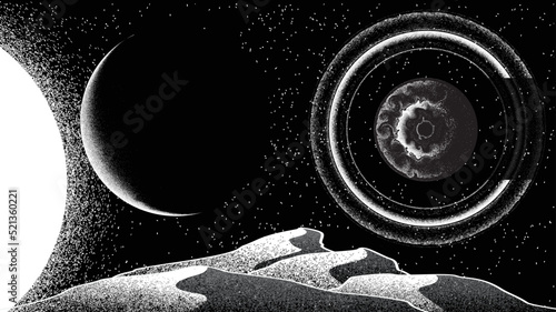 Stars and exoplanet in outer space. Futuristic landscape, with noise texture . Night landscape with starry sky .Vector illustration