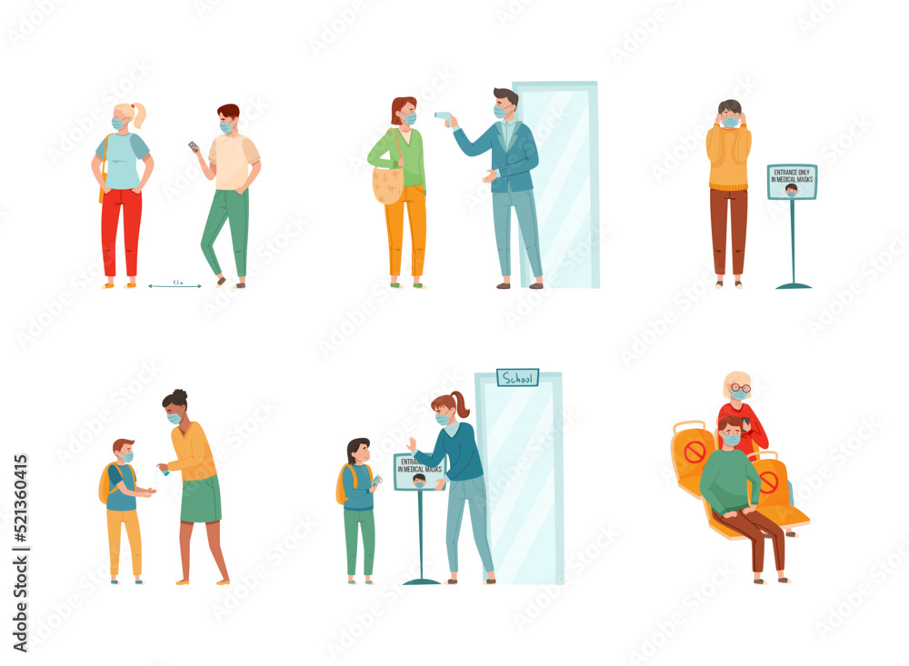 People Character During Pandemic Wearing Mask in Public, Hand Washing and Social Distancing Vector Set