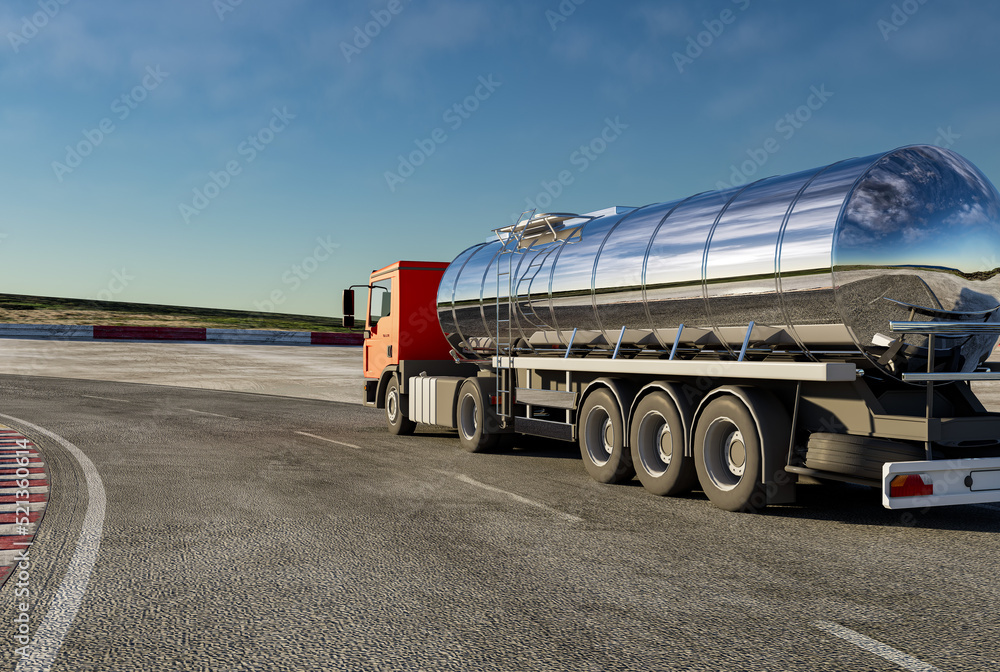 Big fuel truck on the road. 3D rendering.