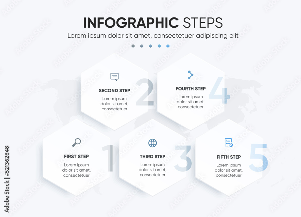 5 steps hexagon box infographic presentation. Modern and colorful design with big number of steps. 5 steps hexagon box infographic presentation. Modern and colorful design with big number of steps.
