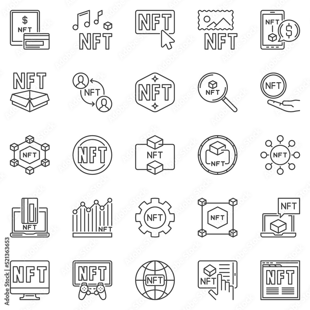 NFT outline vector icons set - Non-Fungible Token line symbols NFT outline vector icons set - Non-Fungible Token line symbols