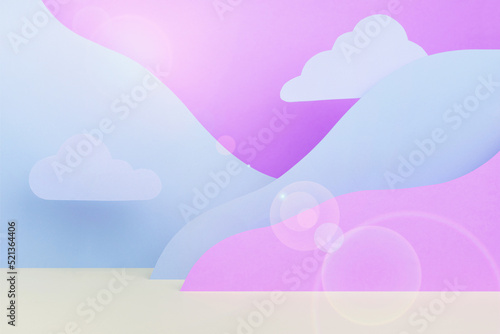 Abstract scene - landscape with clouds  sunlight  glow glare  paper mountains in blue  violet  white color in funny children style. Creative template for design  presentation  poster  flyer  card.