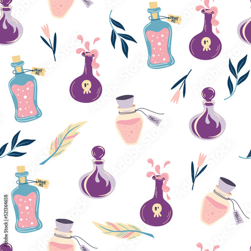 Potions seamless pattern. Design for Halloween, invitation cards, greeting cards, printing, textile, wallpaper. Vector hand draw illustration isolated on the white background.