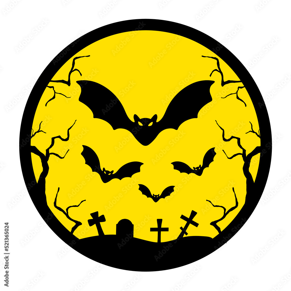 Halloween Concept. Silhouettes of bats, graveyard, grave crosses, dry trees on yellow background. 
