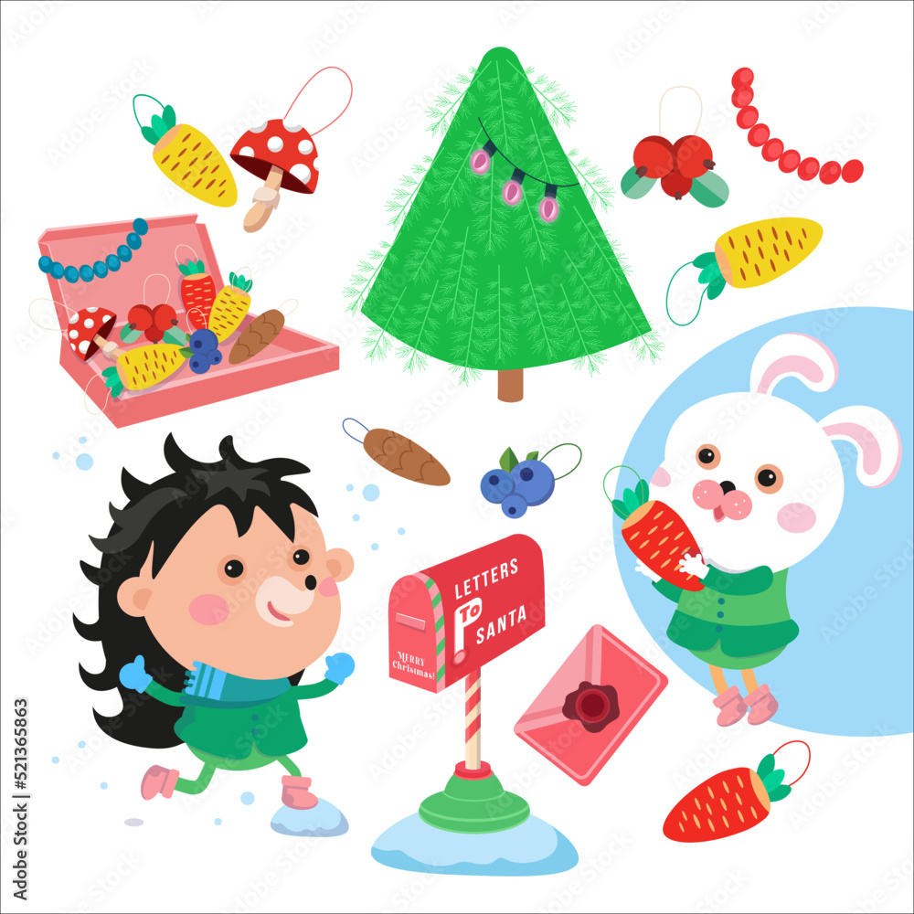 Cute forest animals and Christmas decorations in cartoon style. Design elements for posters, games, books. Vector hand drawn illustration.