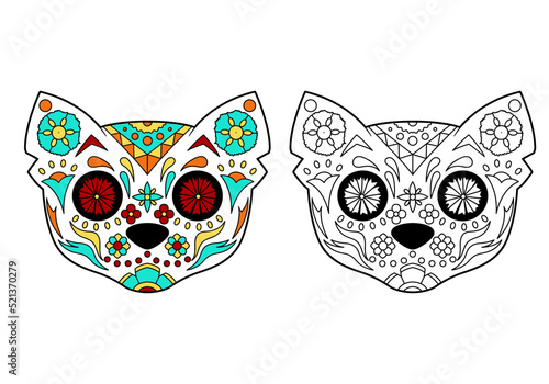 Cat sugar skull with coloring example.  Coloring book, design element for poster, card, banner, print.