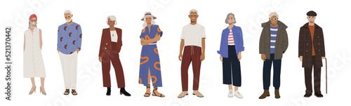 Set of stylish old people. Happy elderly men and women in trendy casual clothes. Grandparents in trendy outfits. Positive aged person. Cartoon flat vector collection isolated on white background