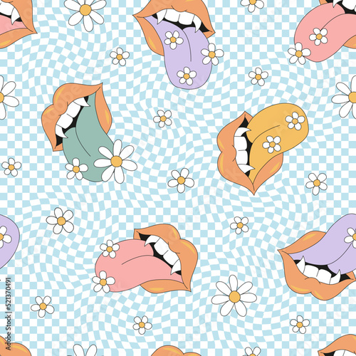 Floral Vampy lips with tongue on blue Checkerboard vector seamless pattern. Hippie Groovy Halloween background. Autumn holiday surface design.