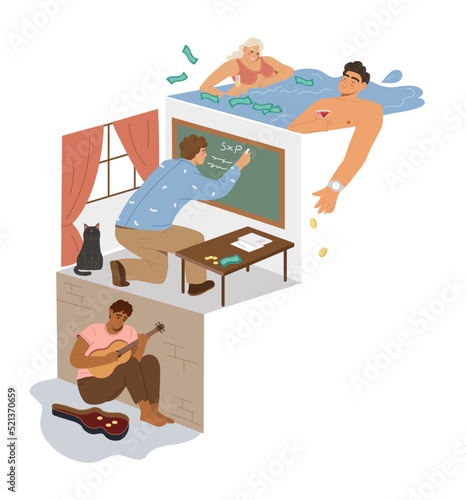 Social inequality. Hierarchy of society or steps with poor and rich people. Characters with different income levels and living standard. Upper, middle and lower class. Cartoon flat vector illustration
