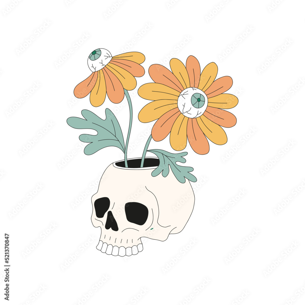 Hippie Groovy Halloween skull flowerpot with eyed flowers vector