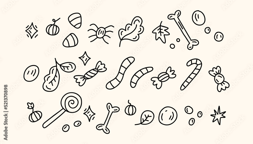 Obraz premium Set of Halloween doodle decorative elements. Sweets, candies, worms, pumpkins, autumn leaves, bones, sparks. For websites, stickers, social media and prints. Hand-drawn sketch doodle vector 