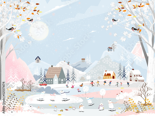 Winter landscape at night with people having fun doing outdoor activities on new year,Vector city landscape on Christmas holidays with people celebration,polar bear playing ice skates,teenagers skiing