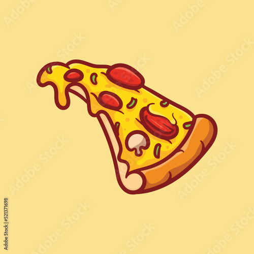 Vector illustration of delicious slice of pepperoni pizza with melted cheese, hand drawn, cartoon, flat, cute