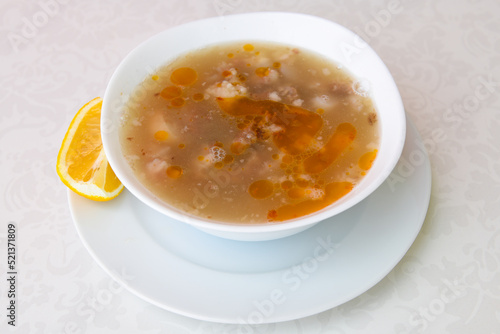 Turkish Traditional Tripe Soup. Iskembe, beyran, kelle paca corbasi.