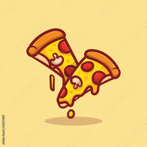 Vector illustration of delicious slice of pepperoni pizza with melted cheese, hand drawn, cartoon, flat, cute
