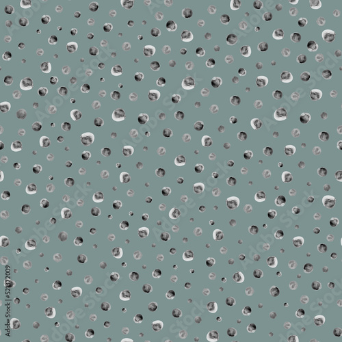 Polka dot seamless black and white watercolor pattern with gray irregular small circles