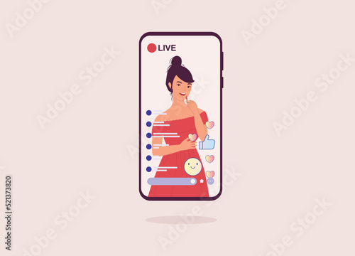 Mobile Phone Showing One Young Woman In Off Dress Top Putting Make-Up In Live Streaming While Receiving Positive Comments And Feedback. KOL. Flat Design Style, Character, Cartoon.
