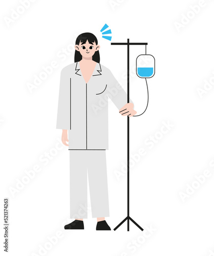 Female patient with dropper at hospital. Woman standing with intravenous dropper line. Vitamins dripping, Iv therapy, cancer, oncology. Health care recovery.  Flat drawn style vector design