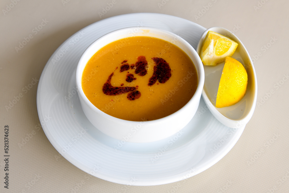 Turkish Ezo Gelin soup, Traditional Turkish Soup. Top view Turkish Ezo Gelin soup, Traditional Turkish Soup. Top view