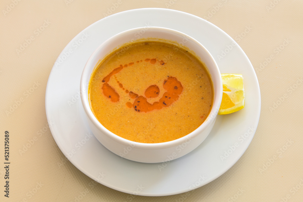 Turkish Ezo Gelin soup, Traditional Turkish Soup. Top view Turkish Ezo Gelin soup, Traditional Turkish Soup. Top view