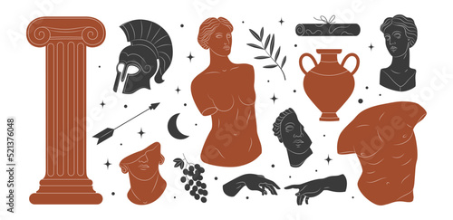 Greek statues, marble elements and art objects illustration set. Antique sculptures in hand drawn style. Vector illustration.