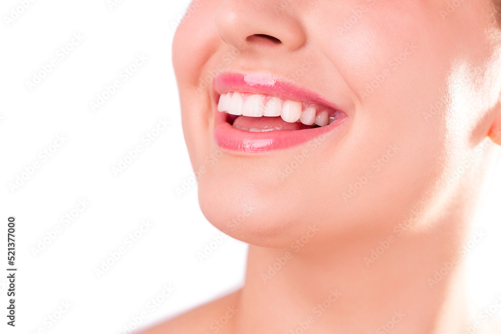 Obraz premium Perfect healthy teeth smile of a young woman. Teeth whitening. Dental clinic patient. Image symbolizes oral care dentistry, stomatology. Dentistry image