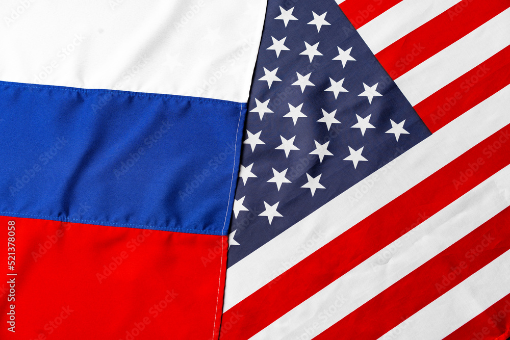 Fototapeta premium Usa flag and Russia flag top view