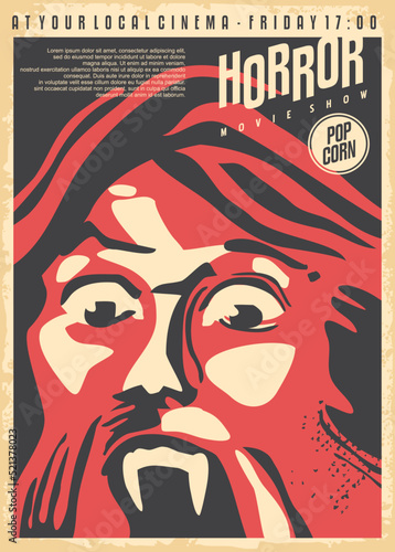 Scary werewolf with sharp canines horror poster design layout. Vintage advertisement for cinema event. Vector movie illustration.