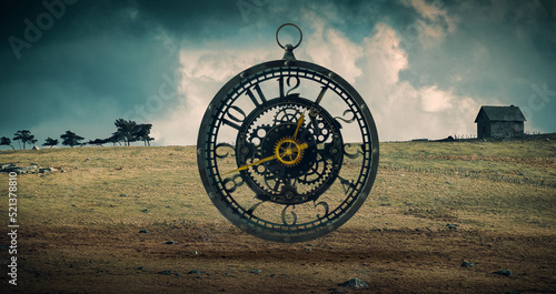 surreal steampunk style clock floating in an empty landscape ,concept of time and deadlines