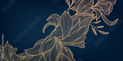 Vector art deco luxury flower line pattern, golden background. Hand drawn wavy plants for packaging, social media post, cover, banner, creative post and wall arts. Japanese style.
