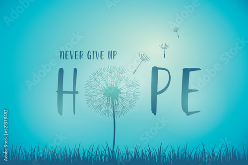 hope typography with dandelion on purple sky background