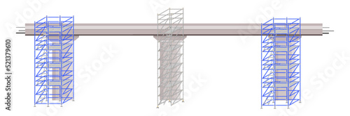 Mobile scaffolding, white background, used in construction areas.