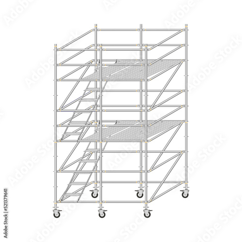 Mobile scaffolding, white background, used in construction areas.