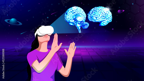 Visualizing and Experiencing 3D model of a Human Brain in Virtual Reality-Vector Illustration 