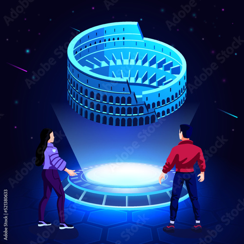 Visualizing and Experiencing a 3D model of a Colosseum monument as a Hologram-Vector Illustration