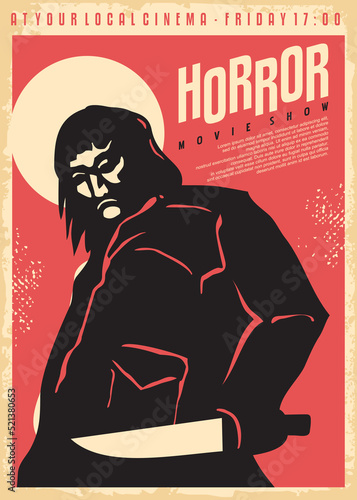 Silhouette of cold blooded killer holding a big knife. Retro horror poster design for cinema movie show. Vintage illustration on old paper texture.