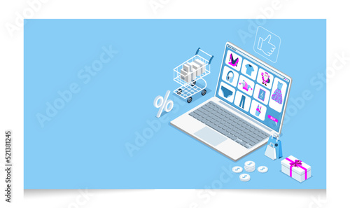 3D isometric Shopping online concept with Copy space, Laptop, shopping cart for website, mobile application, web banner or discount coupons. Vector illustration EPS 10